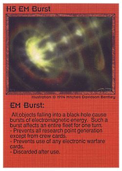 Need: 0    Want: 0    Have: 55 (+212)    Will Trade: 51    In Storage: 48              H5 ‑ EM Burst (1st Print)  Set: PE  Rarity: U1    Artist: Mitchell Davidson Bentley    