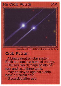 Need: 0    Want: 0    Have: 39 (+96)    Will Trade: 36    In Storage: 31              H6 ‑ Crab Pulsar  Set: PE  Rarity: R1    Artist: Mitchell Davidson Bentley    