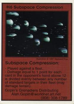 Need: 1    Want: 12    Have: 0    Will Trade: 0    In Storage: 0              H6 ‑ Subspace Compression  Set: Pro6  Rarity: Pro6    Artist: Sigmund Frye    