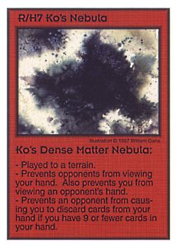 Need: 0    Want: 10    Have: 3    Will Trade: 0    In Storage: 0              R/H7 ‑ Ko's Nebula ‑ Ko's Dense Matter Nebula  Set: Pro6  Rarity: Pro6    Artist: William Garris    