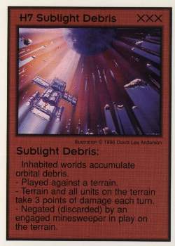Need: 3    Want: 10    Have: 0    Will Trade: 0    In Storage: 0              H7 ‑ Sublight Debris  Set: GI  Rarity: V1    Artist: David Lee Anderson    