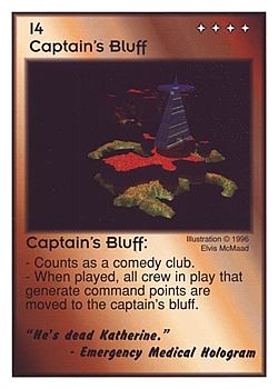 Need: 0    Want: 0    Have: 3 (+9)    Will Trade: 0    In Storage: 1              I4 ‑ Captain's Bluff ("He's dead Katherine."…)  Set: CC  Rarity: V4    Artist: Elvis McMaad    