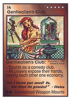 Need: 0    Want: 0    Have: 3 (+9)    Will Trade: 0    In Storage: 1              I4 ‑ Gentlealien's Club ("Can I borrow your sword?…)  Set: CC  Rarity: V3    Artist: Elvis McMaad    