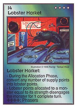 Need: 0    Want: 0    Have: 13    Will Trade: 5    In Storage: 0              I4 ‑ Lobster Market  Set: CC  Rarity: U    Artist: Randy 'Tarkas' Hoar    