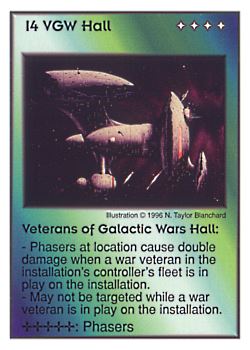 Need: 0    Want: 2    Have: 11    Will Trade: 0    In Storage: 0              I4 ‑ VGW Hall ‑ Veterans of Galactic Wars Hall  Set: Per  Rarity: U1    Artist: N. Taylor Blanchard    