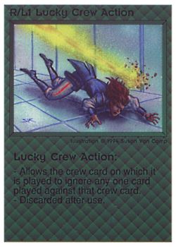 Need: 0    Want: 0    Have: 56 (+269)    Will Trade: 52    In Storage: 45              R/L1 ‑ Lucky Crew Action  Set: PE  Rarity: VC1/2    Artist: Susan Van Camp    