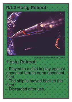 Need: 0    Want: 0    Have: 36    Will Trade: 28    In Storage: 23              R/L2 ‑ Hasty Retreat  Set: Pir  Rarity: U1    Artist: Michael Carroll    