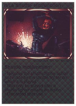Need: 0    Want: 0    Have: 50 (+220)    Will Trade: 46    In Storage: 43              R/L4 ‑ Shuttle Malfunction  Set: PE  Rarity: U1    Artist: Ted Beargeon    