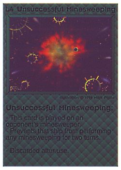 Need: 0    Want: 0    Have: 53 (+232)    Will Trade: 49    In Storage: 38              R/L4 ‑ Unsuccessful Minesweeping  Set: PE  Rarity: U1    Artist: Mark Poole    