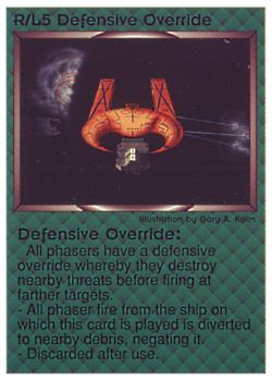 Need: 0    Want: 0    Have: 10 (+104)    Will Trade: 6    In Storage: 0              R/L5 ‑ Defensive Override  Set: PE  Rarity: R1    Artist: Gary A. Kalin    