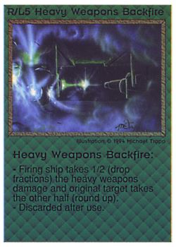 Need: 0    Want: 0    Have: 35 (+101)    Will Trade: 31    In Storage: 22              R/L5 ‑ Heavy Weapons Backfire  Set: PE  Rarity: R1    Artist: Michael Trapp    