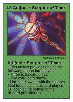 Need: 0    Want: 0    Have: 38    Will Trade: 32    In Storage: 23              L6 ‑ Artifact ‑ Scepter of Time  Set: PoM  Rarity: V1    Artist: jael    
