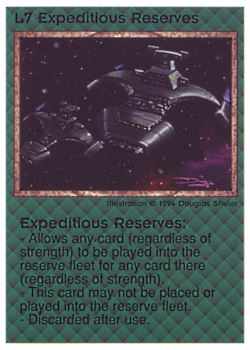 Need: 0    Want: 0    Have: 5 (+32)    Will Trade: 2    In Storage: 0              L7 ‑ Expeditious Reserves  Set: PE  Rarity: V1    Artist: Douglas Shuler    