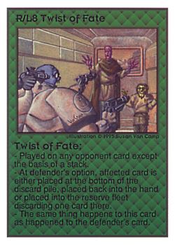 Need: 0    Want: 0    Have: 20 (+41)    Will Trade: 18    In Storage: 12              R/L8 ‑ Twist of Fate  Set: UE  Rarity: V1    Artist: Susan Van Camp    