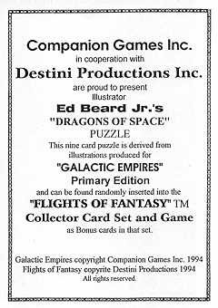 Need: 0    Want: 0    Have: 0    Will Trade: 0    In Storage: 0              Dragons of Space (Back)  Set: PE      Artist: N/A    