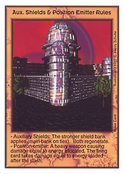 Need: 2    Want: 10    Have: 1    Will Trade: 0    In Storage: 0              Tarra'ki Aux. Shields & Positron Emitter Rules  Set: AF  Rarity: V1    Artist: C. Henry Schulte    