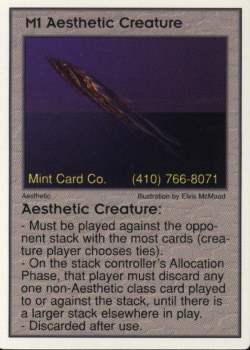 Need: 1    Want: 12    Have: 0    Will Trade: 0    In Storage: 0              M1 ‑ Aesthetic Creature  Set: Pro4  Rarity: Pro4    Artist: Elvis McMaad    