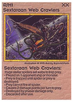 Need: 0    Want: 0    Have: 57 (+277)    Will Trade: 53    In Storage: 36              R/M1 ‑ Sextaraan Web Crawlers  Set: NE  Rarity: C1    Artist: Randy Asplund‑Faith    