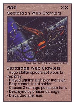 Need: 0    Want: 0    Have: 277 (+57)    Will Trade: 273    In Storage: 52              R/M1 ‑ Sextaraan Web Crawlers  Set: UE  Rarity: C1    Artist: Randy Asplund‑Faith    