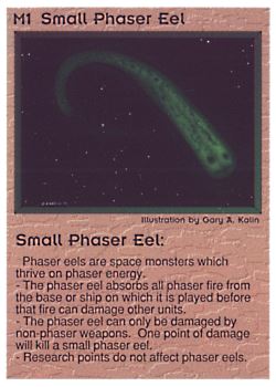 Need: 0    Want: 0    Have: 41 (+284)    Will Trade: 37    In Storage: 32              M1 ‑ Small Phaser Eel  Set: PE  Rarity: VC1/2    Artist: Gary A. Kalin    