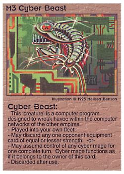 Need: 0    Want: 9    Have: 4    Will Trade: 0    In Storage: 0              M3 ‑ Cyber Beast  Set: Pro1  Rarity: Pro1    Artist: Melissa A. Benson    
