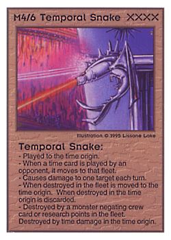 Need: 0    Want: 0    Have: 187    Will Trade: 179    In Storage: 50              M4/6 ‑ Temporal Snake  Set: TG  Rarity: R2    Artist: Lissanne Lake    