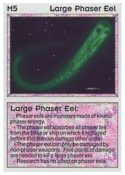 Need: 0    Want: 0    Have: 14 (+1)    Will Trade: 7    In Storage: 7              M5 ‑ Large Phaser Eel  Set: BE  Rarity: R2    Artist: Gary A. Kalin    