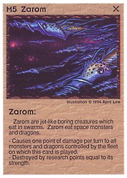 Need: 0    Want: 0    Have: 38 (+97)    Will Trade: 34    In Storage: 29              M5 ‑ Zarom  Set: PE  Rarity: R1    Artist: April Lee    