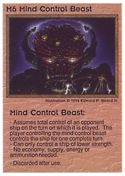 Need: 0    Want: 0    Have: 30 (+21)    Will Trade: 27    In Storage: 22              M6 ‑ Mind Control Beast  Set: PE  Rarity: V2    Artist: Edward P. Beard Jr.    