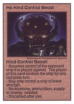 Need: 0    Want: 0    Have: 21 (+30)    Will Trade: 18    In Storage: 13              M6 ‑ Mind Control Beast  Set: UE  Rarity: V1    Artist: Edward P. Beard Jr.    
