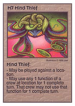 Need: 0    Want: 9    Have: 4    Will Trade: 0    In Storage: 0              M7 ‑ Mind Thief  Set: Per  Rarity: V1    Artist: jael    