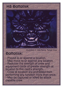 Need: 2    Want: 10    Have: 1    Will Trade: 0    In Storage: 0              M8 ‑ Battalisk  Set: GI  Rarity: V1    Artist: Alan Clark    