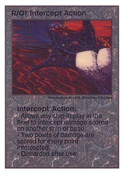 Need: 0    Want: 0    Have: 111 (+168)    Will Trade: 107    In Storage: 52              R/O1 ‑ Intercept Action  Set: TG  Rarity: U1    Artist: Douglas Chaffee    