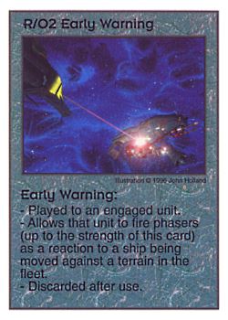 Need: 0    Want: 0    Have: 36    Will Trade: 28    In Storage: 23              R/O2 ‑ Early Warning  Set: Pir  Rarity: U1    Artist: John Holland    