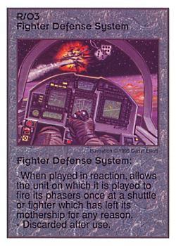 Need: 0    Want: 8    Have: 5    Will Trade: 0    In Storage: 0              R/O3 ‑ Fighter Defense System  Set: AT  Rarity: V1    Artist: Darryl Elliott    