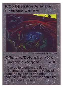 Need: 0    Want: 0    Have: 211 (+52)    Will Trade: 207    In Storage: 51              R/O3 ‑ Offensive/Defensive Electronic Warfare  Set: UE  Rarity: U1    Artist: Ben Peck*    
