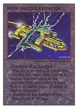 Need: 0    Want: 0    Have: 106    Will Trade: 98    In Storage: 51              R/O4 ‑ Discard Exchange  Set: TG  Rarity: U1    Artist: Gregg Glymph    