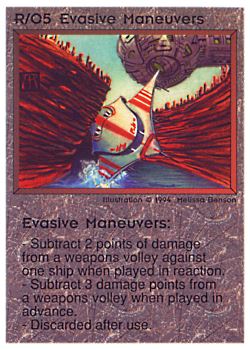 Need: 0    Want: 0    Have: 23 (+96)    Will Trade: 19    In Storage: 11              R/O5 ‑ Evasive Maneuvers  Set: PE  Rarity: R1    Artist: Melissa A. Benson    