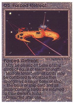 Need: 0    Want: 0    Have: 37 (+1)    Will Trade: 30    In Storage: 16              O5 ‑ Forced Retreat (2nd Print)  Set: PE  Rarity: R1    Artist: Gary A. Kalin    