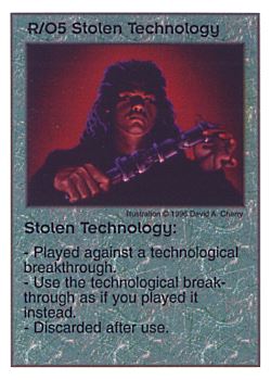 Need: 0    Want: 0    Have: 37    Will Trade: 29    In Storage: 24              R/O5 ‑ Stolen Technology  Set: Pir  Rarity: U1    Artist: David A. Cherry    