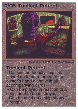 Need: 1    Want: 0    Have: 1 (+127)    Will Trade: 0    In Storage: 0              R/O5 ‑ Tactical Retreat (1st Print)  Set: PE  Rarity: R2    Artist: Paul 'Prof' Herbert    