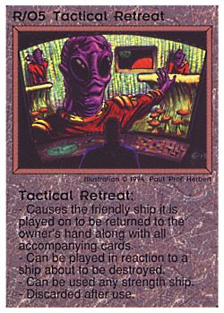 Need: 0    Want: 0    Have: 21 (+107)    Will Trade: 17    In Storage: 13              R/O5 ‑ Tactical Retreat (2nd Print)  Set: PE  Rarity: R1    Artist: Paul 'Prof' Herbert    