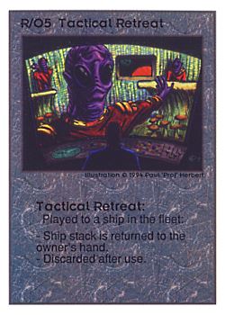 Need: 0    Want: 0    Have: 106 (+22)    Will Trade: 102    In Storage: 50              R/O5 ‑ Tactical Retreat  Set: UE  Rarity: R1    Artist: Paul 'Prof' Herbert    
