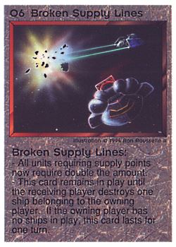 Need: 0    Want: 0    Have: 41 (+102)    Will Trade: 38    In Storage: 33              O6 ‑ Broken Supply Lines (1st Print)  Set: PE  Rarity: R1    Artist: Ron Rousselle II    