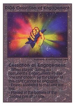 Need: 0    Want: 0    Have: 110    Will Trade: 104    In Storage: 51              R/O6 ‑ Cessation of Engagement  Set: TG  Rarity: U1    Artist: Lissanne Lake    
