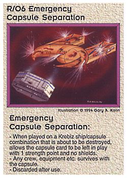 Need: 1    Want: 0    Have: 1 (+29)    Will Trade: 0    In Storage: 0              R/O6 ‑ Emergency Capsule Separation (1st Print)  Set: PE  Rarity: R2    Artist: Gary A. Kalin    