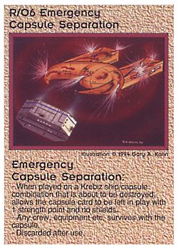 Need: 0    Want: 0    Have: 29 (+1)    Will Trade: 24    In Storage: 22              R/O6 ‑ Emergency Capsule Separation (2nd Print)  Set: PE  Rarity: R1    Artist: Gary A. Kalin    