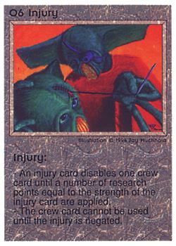 Need: 0    Want: 0    Have: 65    Will Trade: 59    In Storage: 52              O6 ‑ Injury  Set: PE  Rarity: U1    Artist: Jay Muchhala    