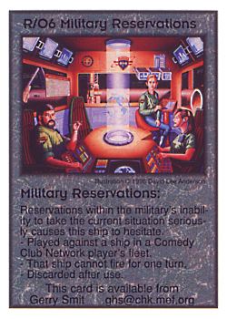 Need: 0    Want: 0    Have: 27    Will Trade: 21    In Storage: 18              R/O6 ‑ Military Reservations  Set: Pro5  Rarity: Pro5    Artist: David Lee Anderson    