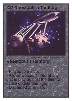 Need: 0    Want: 3    Have: 10    Will Trade: 0    In Storage: 2              O7 ‑ Reestablish Territory  Set: Per  Rarity: U1    Artist: N. Taylor Blanchard    